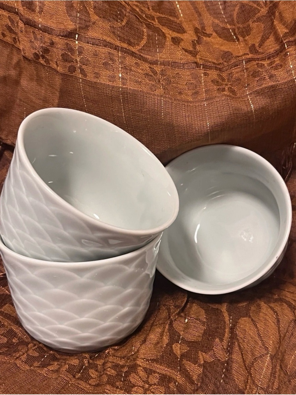 Rare Vtg Horchow Japan Celadon Seigaiha Tea Cups Set of 3 Blue Green pre y2k